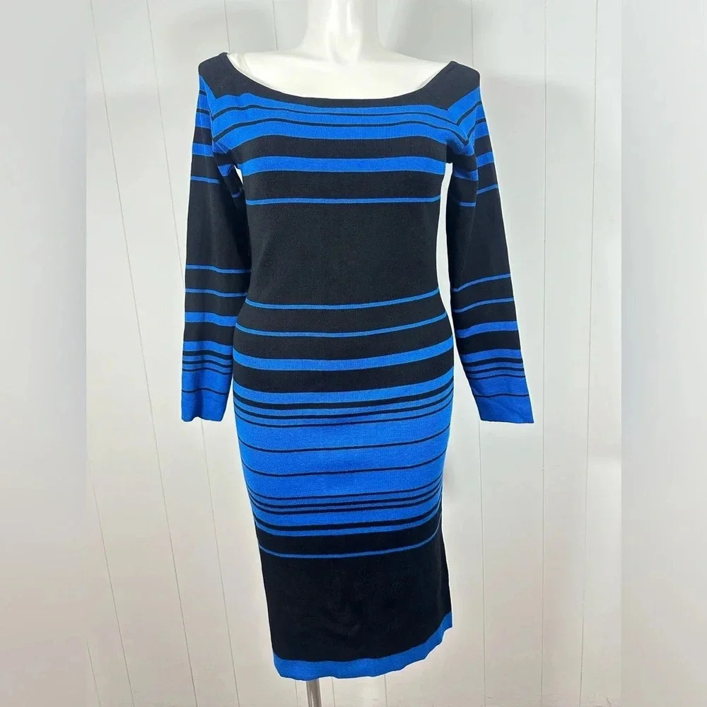 Jolie & Joy Plus Sz 3X Stripped Blue/ Black Long Sleeve Knit Dress
